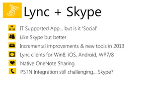 Lync + Skype
IT Supported App… but is it ‘Social’
Like Skype but better
Incremental improvements & new tools in 2013
Lync clients for Win8, iOS, Android, WP7/8
Native OneNote Sharing
PSTN Integration still challenging… Skype?
 