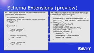 Schema Extensions (preview)
Create strongly typed extensions to the Graph which can
be used in CRUD operations
1. Check to see if your extension namespace is already
being used. (If so, perhaps you can reuse it.)
2. Register a schema extension definition.
3. Create your new resource using your new schema.
4. Retrieve and/or update resource with extension data.
POST https://graph.microsoft.com/beta/schemaExtensions
Content-type: application/json
{
"id":"graphlearn_courses",
"description": "Graph Learn training courses extensions",
"targetTypes": [
"Group"
],
"properties": [
{
"name": "courseId",
"type": "Integer"
},
{
"name": "courseName",
"type": "String"
},
{
"name": "courseType",
"type": "String"
}
]
}
POST https://graph.microsoft.com/beta/groups
Content-type: application/json
{
"displayName": "New Managers March 2017",
"description": "New Managers training course
for March 2017",
"groupTypes": ["Unified"],
"mailEnabled": true,
"mailNickname": "newMan201703",
"securityEnabled": false,
"graphlearn_courses": {
"courseId":"123",
"courseName":"New Managers",
"courseType":"Online"
}
}
 
