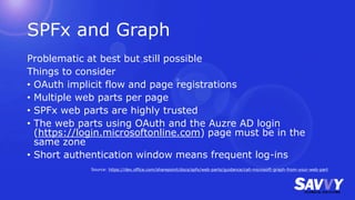 SPFx and Graph
Problematic at best but still possible
Things to consider
• OAuth implicit flow and page registrations
• Multiple web parts per page
• SPFx web parts are highly trusted
• The web parts using OAuth and the Auzre AD login
(https://login.microsoftonline.com) page must be in the
same zone
• Short authentication window means frequent log-ins
Source: https://dev.office.com/sharepoint/docs/spfx/web-parts/guidance/call-microsoft-graph-from-your-web-part
 