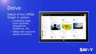 Delve
Debut of the Office
Graph in action:
• Combines data
from Outlook,
SharePoint,
OneDrive, etc.
• Takes into account
social proximity
 