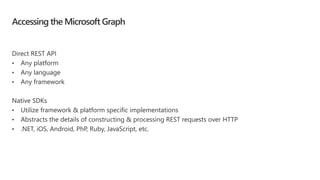 Accessing the Microsoft Graph
Direct REST API
• Any platform
• Any language
• Any framework
Native SDKs
• Utilize framework & platform specific implementations
• Abstracts the details of constructing & processing REST requests over HTTP
• .NET, iOS, Android, PhP, Ruby, JavaScript, etc.
 