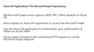 Azure AD Applications: The Microsoft Graph Dependency
All Microsoft Graph access options (REST API / SDKs) depend on Azure
AD
Must register an Azure AD application to access the Microsoft Graph
Use the Azure AD application to authenticate, gain authorization &
obtain an access token
Access token included in the underlying HTTP request to call the
Microsoft Graph endpoint
 