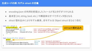 生成コードの例：モデル struct の定義
type User struct {
DirectoryObject
UserPrincipalName *string `json:"userPrincipalName,omitempty"`
D...