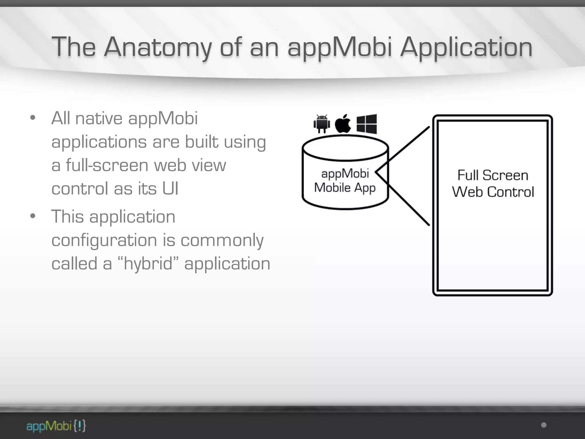 The Anatomy of an appMobi Application

• All native appMobi
  applications are built using
  a full-screen web view
  control as its UI
• This application
  configuration is commonly
  called a “hybrid” application
 