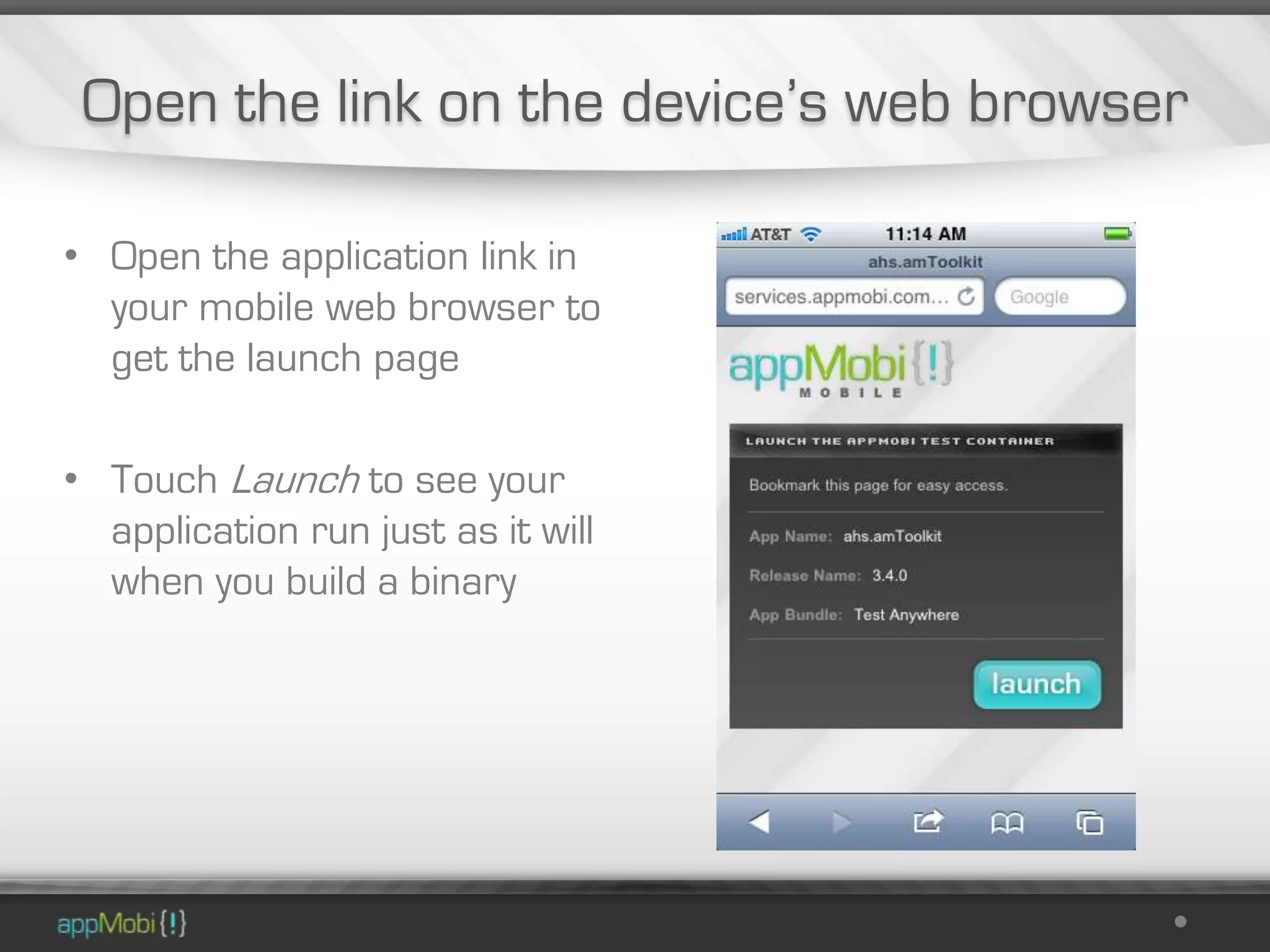 Open the link on the device’s web browser

• Open the application link in
  your mobile web browser to
  get the launch page

• Touch Launch to see your
  application run just as it will
  when you build a binary
 