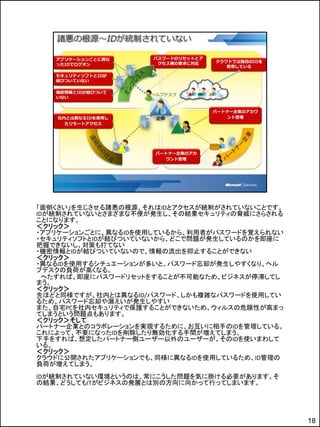 「面倒くさい」を生じさせる諸悪の根源、それはIDとアクセスが統制がされていないことです。
IDが統制されていないとさまざまな不便が発生し、その結果セキュリティの脅威にさらされる
ことになります。
＜クリック＞
・アプリケーションごとに、異なるIDを使用しているから、利用者がパスワードを覚えられない
・セキュリティソフトとIDが結びついていないから、どこで問題が発生しているのかを即座に
把握できないし、対策も打てない
・機密情報とIDが結びついていないので、情報の流出を抑止することができない
＜クリック＞
・異なるIDを使用するシチュエーションが多いと、パスワード忘却が発生しやすくなり、ヘル
プデスクの負荷が高くなる。
  へたすれば、即座にパスワードリセットをすることが不可能なため、ビジネスが停滞してし
まう。
＜クリック＞
先ほどと同様ですが、社内とは異なるID/パスワード、しかも複雑なパスワードを使用してい
るため、パスワード忘却や漏えいが発生しやすい
また、自宅PCを社内セキュリティで保護することができないため、ウィルスの危険性が高まっ
てしまうという問題点もあります。
＜クリック＞そして
パートナー企業とのコラボレーションを実現するために、お互いに相手のIDを管理している。
これによって、不要になったIDを削除したり無効化する手間が増えてしまう。
下手をすれば、想定したパートナー側ユーザー以外のユーザーが、そのIDを使いまわして
いる。
＜クリック＞
クラウドに公開されたアプリケーションでも、同様に異なるIDを使用しているため、ID管理の
負荷が増えてしまう。
IDが統制されていない環境というのは、常にこうした問題を気に掛ける必要があります。そ
の結果、どうしてもITがビジネスの発展とは別の方向に向かって行ってしまいます。




                                               18
 