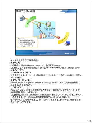 次に情報の保護がどう変わるか。
＜クリック＞
この場合も、社内にはActive Directoryと、その配下にMOSS、
この他に、社外秘情報が格納されているファイルサーバー、そしてExchange Server
があるとします。
＜クリック＞＜クリック＞
利用者が社外のパートナー企業に対して社外秘のファイルをメールに添付して送ろ
うとした場合、
＜クリック＞＜クリック＞
ADRMS、Rights Management Service と Exchange Server によって、それを自動的に
抑止することができます。
＜クリック＞
また、社外秘かどうかを人が判断するのではなく、含まれている文字列パターンか
ら自動認識することも可能です。
この技術を、FCI ：File Classification Infrastructure と呼んでいますが、ファイルサーバ
ー内の大量のドキュメントから社外秘に相当するドキュメントを探し出し、
それをADRMSでアクセス保護し、さらにMOSSに保管する…という一連の動作を自動
的に行うことができます。




                                                                 25
 