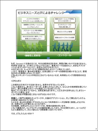 ただ、Dynamic IT を進めるには、今日の経済状況を含め、障害が無いわけではありません。
利用者（社員）は、より売り上げを上げるために、業務スピードを高めたい、好きなアプリケ
ーションをインストールしたい、自宅からのアクセスしたい、
そのためには、もっとサービスに柔軟性を持たせたい！と考えています。
一方で、管理者は、集中的な管理と、出来る限りユーザーの柔軟性を縮小することで、管理
性の向上を実現しようとしています。
こうしたシチュエーションが何を生じさせているかといえば、利用者とインフラ管理者の対立
です。
＜クリック＞
この傾向は日本だけではありません。世界中がそうなっています。
こうした現状から、多くのユーザーが、企業システムに対して、なんらかの束縛感を感じてい
ますし、彼らの業務上のニーズと相反していると思っている。
相反していると考えているから、当然反発もありますし、たとえばPCを持ち出してしまうユー
ザーだって発生します。
こういう現状が問題を起こさないはずはないわけです。
同様に、IT部門は複雑なネットワークや、大量のアプリケーション、そして異なるITシステム
の管理に悩まされています。
たとえば、あらゆる資源にアクセスしたいという利用者のニーズを無理に実現しようとすれ
ば、当然ながらIDが増えることになります。
その結果、当然ながら ID とパスワードの、管理の面倒を伴います。
こういう複雑さが、コンプライアンスの維持を難しくしており、それを補うために、ルールがど
んどん複雑化して、さらに悩むという悪循環にはまっています。
では、どうしたらよいのか？




                                                  7
 