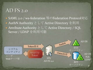 SAML 2.0 / ws-federation等のFederation Protocol対応<br />AuthN Authorityとして Active Directory を利用<br />Attribute Authority として ...