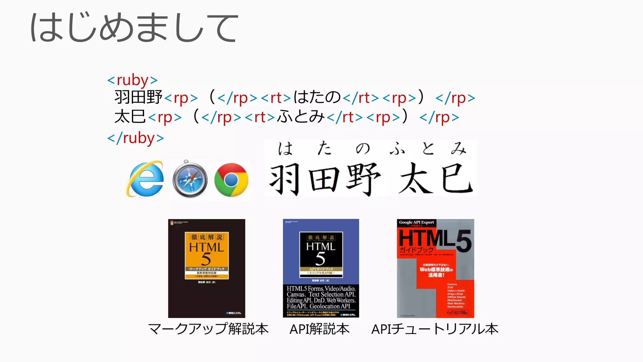 <ruby>
 羽田野<rp>（</rp><rt>はたの</rt><rp>）</rp>
 太巳<rp>（</rp><rt>ふとみ</rt><rp>）</rp>
</ruby>




    マークアップ解説本    API解説本   APIチュートリアル本
 