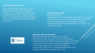Information comes to you
View content that’s relevant to you.
Office Delve surfaces personalized
content to you from across Office 365.
Powered by the Office Graph, Delve
shows you information based on what
you're working on and what's trending
around you.
Find what you need
Break down silos
Quickly get to the information you need with intuitive
views such as My work and Shared with me. Easily
find documents you’ve seen before, without
remembering the document title, who wrote it, or
where it’s stored.
Discover new connections
Connect people, documents, and ideas
Delve shows you how you and your colleagues
connect with documents and one another. Just type
in a name to see what someone’s working on and
what’s trending around them. With Delve,
connecting with others, building relationships and
sharing information is easier than ever.
 