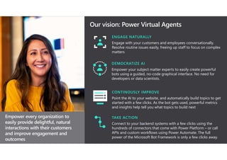 Engage with your customers and employees conversationally.
Resolve routine issues easily, freeing up staff to focus on complex
matters
Empower your subject matter experts to easily create powerful
bots using a guided, no-code graphical interface. No need for
developers or data scientists.
Point the AI to your website, and automatically build topics to get
started with a few clicks. As the bot gets used, powerful metrics
and insights help tell you what topics to build next
Connect to your backend systems with a few clicks using the
hundreds of connectors that come with Power Platform – or call
APIs and custom workflows using Power Automate. The full
power of the Microsoft Bot Framework is only a few clicks away.
 