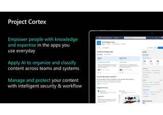 Project Cortex
Empower people with knowledge
and expertise
Apply AI to organize and classify
Manage and protect
 