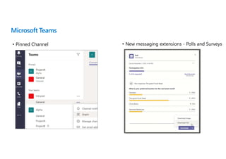 Microsoft Teams
• Pinned Channel • New messaging extensions - Polls and Surveys
 