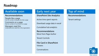 Roadmap
Recommendations
People like a page
See the number of people who like a page
Comments on a page
See the number of comments on a page
Managers read this
Understand who read this in the organization
Active time spent reports
Download usage data in excel
Cumulative hub analytics
More from Page Author
Tenant Controls
Viewers
Conversations
Available soon Early next year
Tenant settings
Top of mind
Takeapicture
 