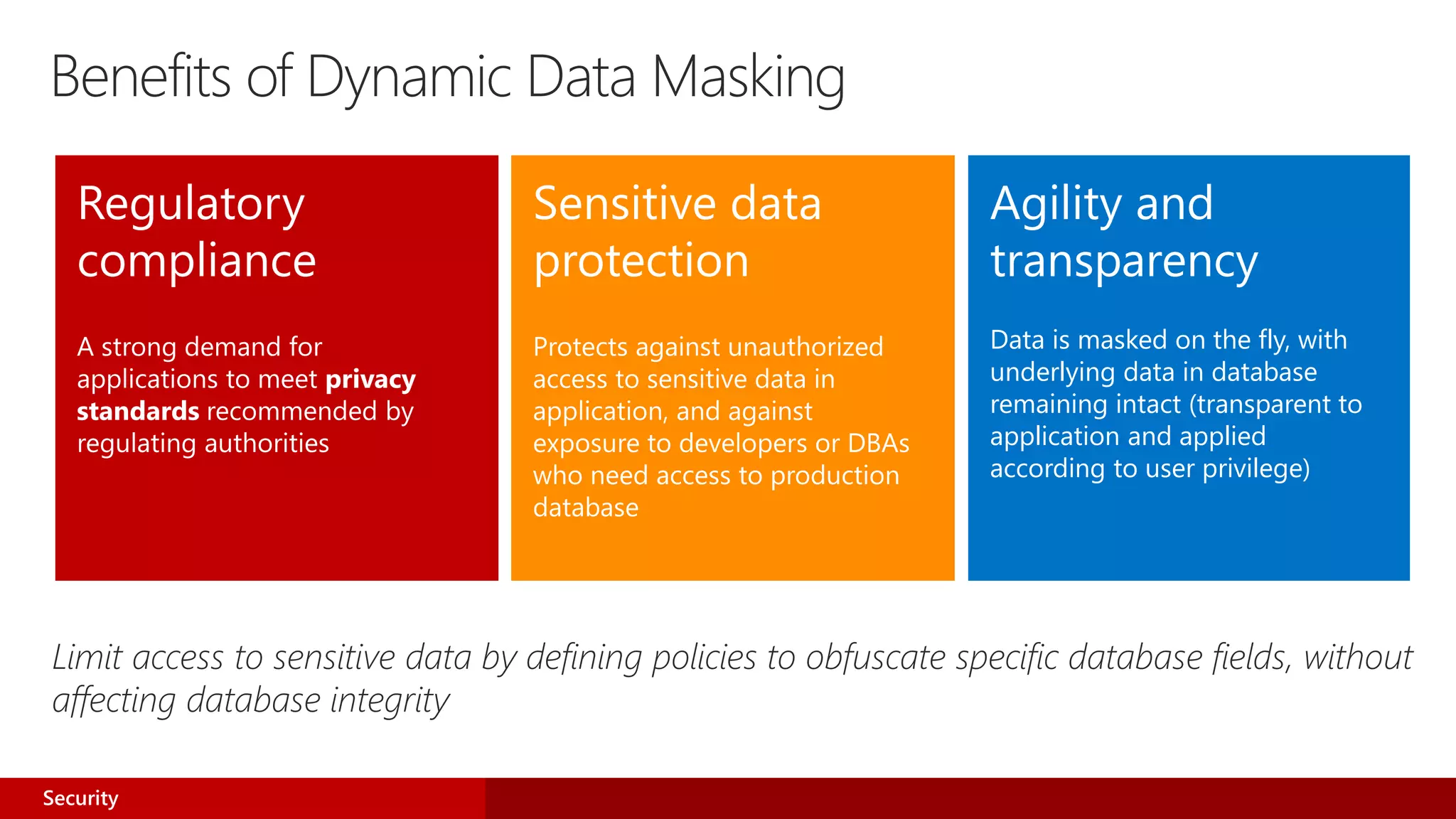 Regulatory
compliance
Sensitive data
protection
Agility and
transparency
Data is masked on the fly, with
underlying data in database
remaining intact (transparent to
application and applied
according to user privilege)
Limit access to sensitive data by defining policies to obfuscate specific database fields, without
affecting database integrity
Security
Benefits of Dynamic Data Masking
 