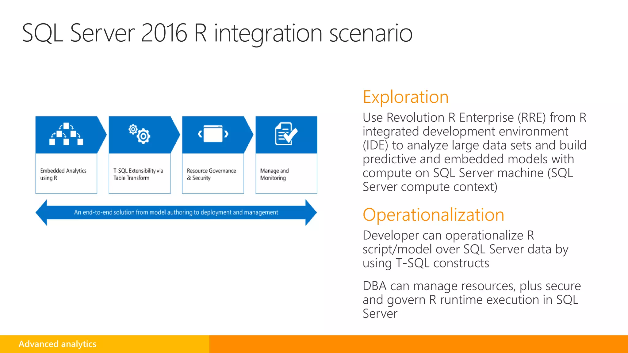 SQL Server 2016 R integration scenario
Exploration
Use Revolution R Enterprise (RRE) from R
integrated development environment
(IDE) to analyze large data sets and build
predictive and embedded models with
compute on SQL Server machine (SQL
Server compute context)
Operationalization
Developer can operationalize R
script/model over SQL Server data by
using T-SQL constructs
DBA can manage resources, plus secure
and govern R runtime execution in SQL
Server
Advanced analytics
 