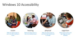 Windows 10 Accessibility
vision
Make your device easier to
see or use with or without a
screen
hearing
Make your device easier to
hear or use without sound
cognition
Make it easier to focus and
get things done with
Windows
physical
Make your device easier to
use of you have limited reach
or strength
 