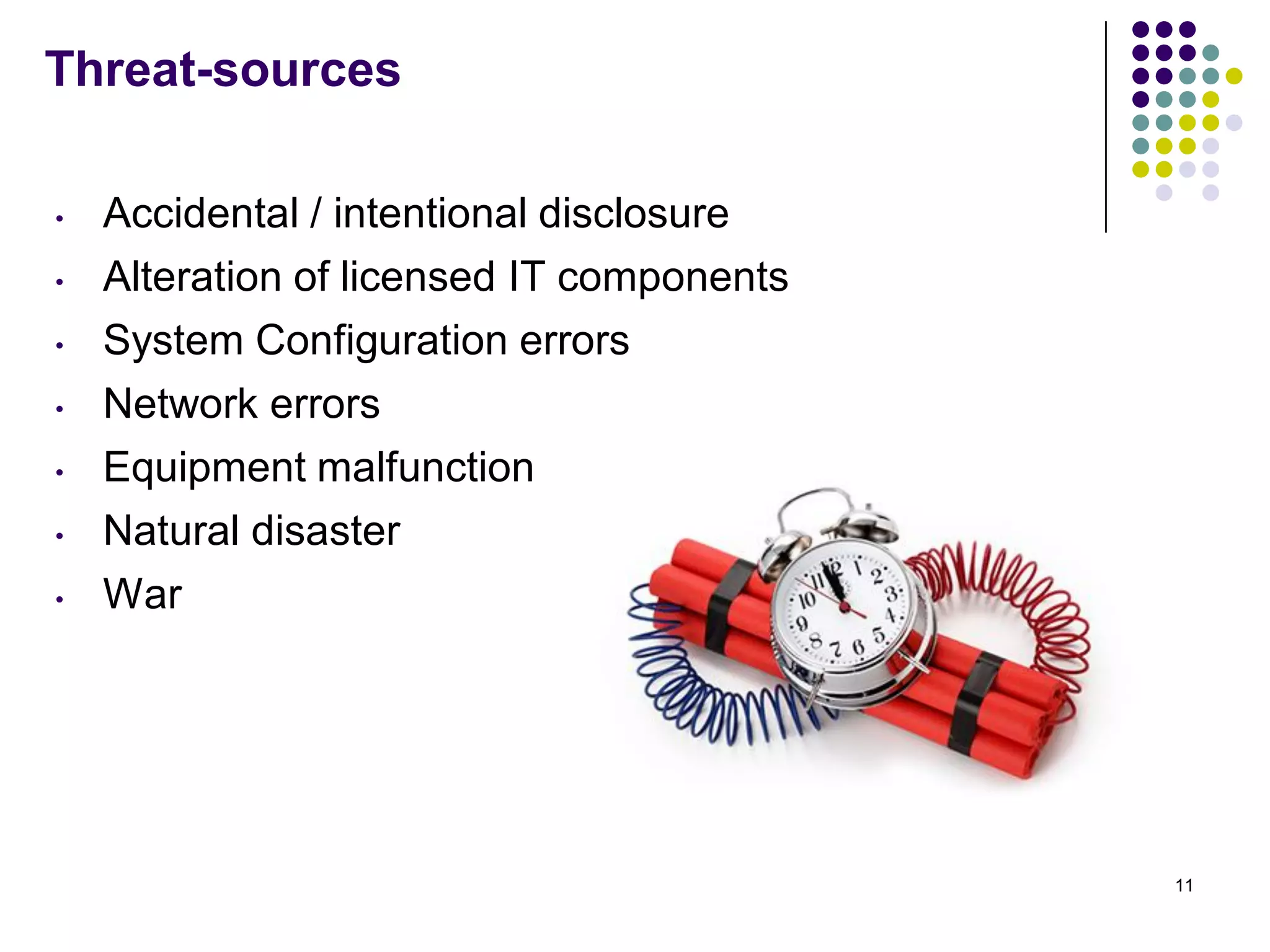 Threat-sources
• Accidental / intentional disclosure
• Alteration of licensed IT components
• System Configuration errors
• Network errors
• Equipment malfunction
• Natural disaster
• War
11
 