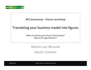 MIC boostcamp - Finance workshop


    Translating your business model into figures
             What are the key parts of your financial plan?
                     What is the logic behind it?



                  Martin van Wunnik
                   Xavier Corman

28/06/2012              Xavier Corman | Martin van Wunnik     1
 