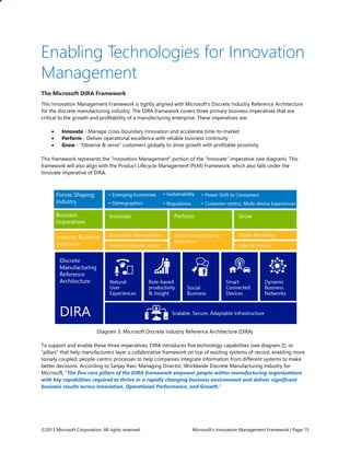 Enabling Technologies for Innovation
Management
The Microsoft DIRA Framework
This Innovation Management Framework is tightly aligned with Microsoft’s Discrete Industry Reference Architecture
for the discrete manufacturing industry. The DIRA framework covers three primary business imperatives that are
critical to the growth and profitability of a manufacturing enterprise. These imperatives are:




Innovate - Manage cross-boundary innovation and accelerate time-to-market
Perform - Deliver operational excellence with reliable business continuity
Grow - “Observe & serve” customers globally to drive growth with profitable proximity

This framework represents the “Innovation Management” portion of the “Innovate” imperative (see diagram). This
framework will also align with the Product Lifecycle Management (PLM) Framework, which also falls under the
Innovate imperative of DIRA.

Diagram 3: Microsoft Discrete Industry Reference Architecture (DIRA)
To support and enable these three imperatives, DIRA introduces five technology capabilities (see diagram 2), or
“pillars” that help manufacturers layer a collaborative framework on top of existing systems of record, enabling more
loosely coupled, people-centric processes to help companies integrate information from different systems to make
better decisions. According to Sanjay Ravi, Managing Director, Worldwide Discrete Manufacturing Industry for
Microsoft, “The five core pillars of the DIRA framework empower people within manufacturing organizations
with key capabilities required to thrive in a rapidly changing business environment and deliver significant
business results across Innovation, Operational Performance, and Growth.”

©2013 Microsoft Corporation. All rights reserved.

Microsoft’s Innovation Management Framework | Page 15

 