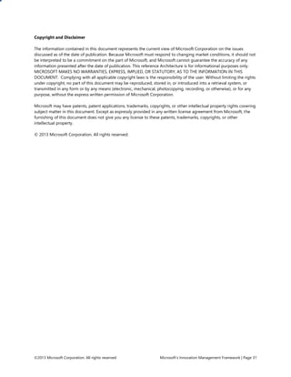 ©2013 Microsoft Corporation. All rights reserved. Microsoft’s Innovation Management Framework | Page 31
Copyright and Disclaimer
The information contained in this document represents the current view of Microsoft Corporation on the issues
discussed as of the date of publication. Because Microsoft must respond to changing market conditions, it should not
be interpreted to be a commitment on the part of Microsoft, and Microsoft cannot guarantee the accuracy of any
information presented after the date of publication. This reference Architecture is for informational purposes only.
MICROSOFT MAKES NO WARRANTIES, EXPRESS, IMPLIED, OR STATUTORY, AS TO THE INFORMATION IN THIS
DOCUMENT. Complying with all applicable copyright laws is the responsibility of the user. Without limiting the rights
under copyright, no part of this document may be reproduced, stored in, or introduced into a retrieval system, or
transmitted in any form or by any means (electronic, mechanical, photocopying, recording, or otherwise), or for any
purpose, without the express written permission of Microsoft Corporation.
Microsoft may have patents, patent applications, trademarks, copyrights, or other intellectual property rights covering
subject matter in this document. Except as expressly provided in any written license agreement from Microsoft, the
furnishing of this document does not give you any license to these patents, trademarks, copyrights, or other
intellectual property.
© 2013 Microsoft Corporation. All rights reserved.
 