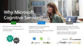 Roll your own with REST APIs
Simple to add: just a few lines of
code required
Integrate into the language and
platform of your choice
Breadth of offerings helps you find the
right API for your app
Built by experts in their field from
Microsoft Research, Bing, and Azure
Machine Learning
Quality documentation, sample
code, and community support
Easy Flexible Tested
GET A
KEY
 