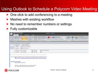 Using Outlook to Schedule a Polycom Video MeetingOne click to add conferencing to a meetingMeshes with existing workflowNo need to remember numbers or settingsFully customizable