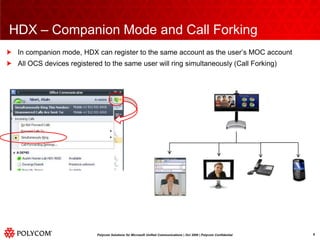 HDX – Companion Mode and Call ForkingIn companion mode, HDX can register to the same account as the user’s MOC accountAll OCS devices registered to the same user will ring simultaneously (Call Forking)