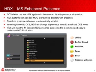 OCS clients can see HDX systems in their contact list with presence information.HDX systems can also see MOC clients in it’s directory with presenceReal-time presence indicators – automatically updatedWhen registered to OCS, HDX will change its presence icons to match the OCS iconsHDX will map the 14 possible OCS presence states into the 6 common and easy to understand OCS indicatorsHDX – MS Enhanced PresenceOfflineDo Not DisturbAvailableAwayBusyPresence Unknown