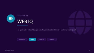 S E C T I O N 0 2
WEB IQ
An agent-native index of the open web: fast, structured, multimodal — delivered in a single call.
FOUNDRY IQ WEB IQ WORK IQ FABRIC IQ
10
Microsoft IQ - Web IQ
 
