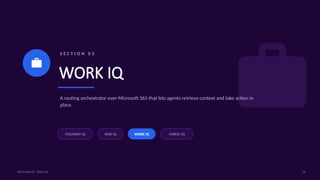 S E C T I O N 0 3
WORK IQ
A routing orchestrator over Microsoft 365 that lets agents retrieve context and take action in
place.
FOUNDRY IQ WEB IQ WORK IQ FABRIC IQ
16
Microsoft IQ - Work IQ
 