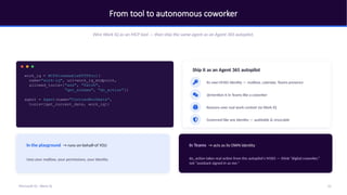 From tool to autonomous coworker
Wire Work IQ as an MCP tool — then ship the same agent as an Agent 365 autopilot.
work_iq = MCPStreamableHTTPTool(
name="work-iq", url=work_iq_endpoint,
allowed_tools=["ask", "fetch",
"get_schema", "do_action"])
agent = Agent(name="ContosoWorkmate",
tools=[get_current_date, work_iq])
Ship it as an Agent 365 autopilot
Its own M365 identity — mailbox, calendar, Teams presence
@mention it in Teams like a coworker
Reasons over real work context via Work IQ
Governed like any identity — auditable & revocable
In the playground → runs on-behalf-of YOU
Uses your mailbox, your permissions, your identity.
In Teams → acts as its OWN identity
do_action takes real action from the autopilot's M365 — think “digital coworker,”
not “assistant signed in as me.”
21
Microsoft IQ - Work IQ
 