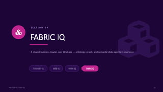 S E C T I O N 0 4
FABRIC IQ
A shared business model over OneLake — ontology, graph, and semantic data agents in one layer.
FOUNDRY IQ WEB IQ WORK IQ FABRIC IQ
22
Microsoft IQ - Fabric IQ
 
