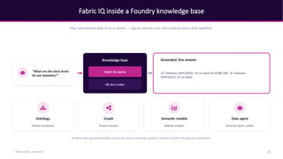 Fabric IQ inside a Foundry knowledge base
Plug operational data in as a source — agents answer over docs and business data together.
“What are the stock levels
for our hammers?”
Knowledge base
Fabric IQ source
HR docs index
Grounded, live answer
12″ Hammer (HM13005): 50 on hand at STORE-SEA · 6″ Hammer
(HM16325): 25 on hand
Ontology
Product inventories
Graph
Product reviews
Semantic models
Website analytics
Data agent
All of the above, unified
A Fabric data agent knowledge source can expose ontology, graph & semantic models through one connection.
28
Microsoft IQ - Fabric IQ
 