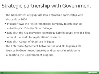 Strategic partnership with Government
• The Government of Egypt got into a strategic partnership with
Microsoft in 2000
q

Microsoft was the first international company to establish its
subsidiary’s HQ in the Smart Village

q

Establish the ATL (Advance Technology Lab) in Egypt, one of 5 labs
around the world for applications’ research

q

Establish Center of Expertise in Egypt

• The Enterprise Agreement between GoE and MS legalizes all
licenses in Government (desktop and servers) in addition to
supporting the E-government program

28

 