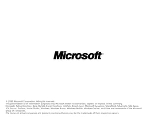 © 2013 Microsoft Corporation. All rights reserved.
This presentation is for information purposes only. Microsoft makes no warranties, express or implied, in this summary.
Microsoft, Active Directory, Bing, BizTalk, Excel, Forefront, InfoPath, Kinect, Lync, Microsoft Dynamics, SharePoint, Silverlight, SQL Azure,
SQL Server, Surface, Visual Studio, Windows, Windows Azure, Windows Mobile, Windows Server, and Xbox are trademarks of the Microsoft
group of companies.
The names of actual companies and products mentioned herein may be the trademarks of their respective owners.

 