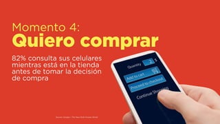 Source: Google / The New Multi-Screen World
Momento 4: 
Quiero comprar
82% consulta sus celulares
mientras está en la tienda
antes de tomar la decisión
de compra
Source: Google / The New Multi-Screen World
 