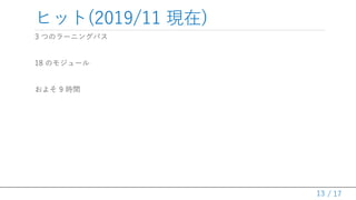 / 17
ヒット(2019/11 現在)
3 つのラーニングパス
18 のモジュール
およそ 9 時間
13
 