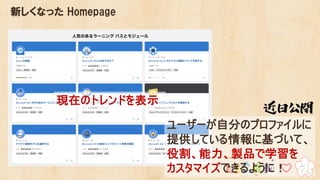 新しくなった Homepage
現在のトレンドを表示
ユーザーが自分のプロファイルに
提供している情報に基づいて、
役割、能力、製品で学習を
カスタマイズできるように！
 