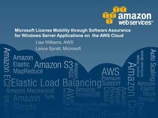 Microsoft License Mobility through Software Assurance
for Windows Server Applications on the AWS Cloud
         Lisa Williams, AWS
         Lance Spratt, Microsoft
 