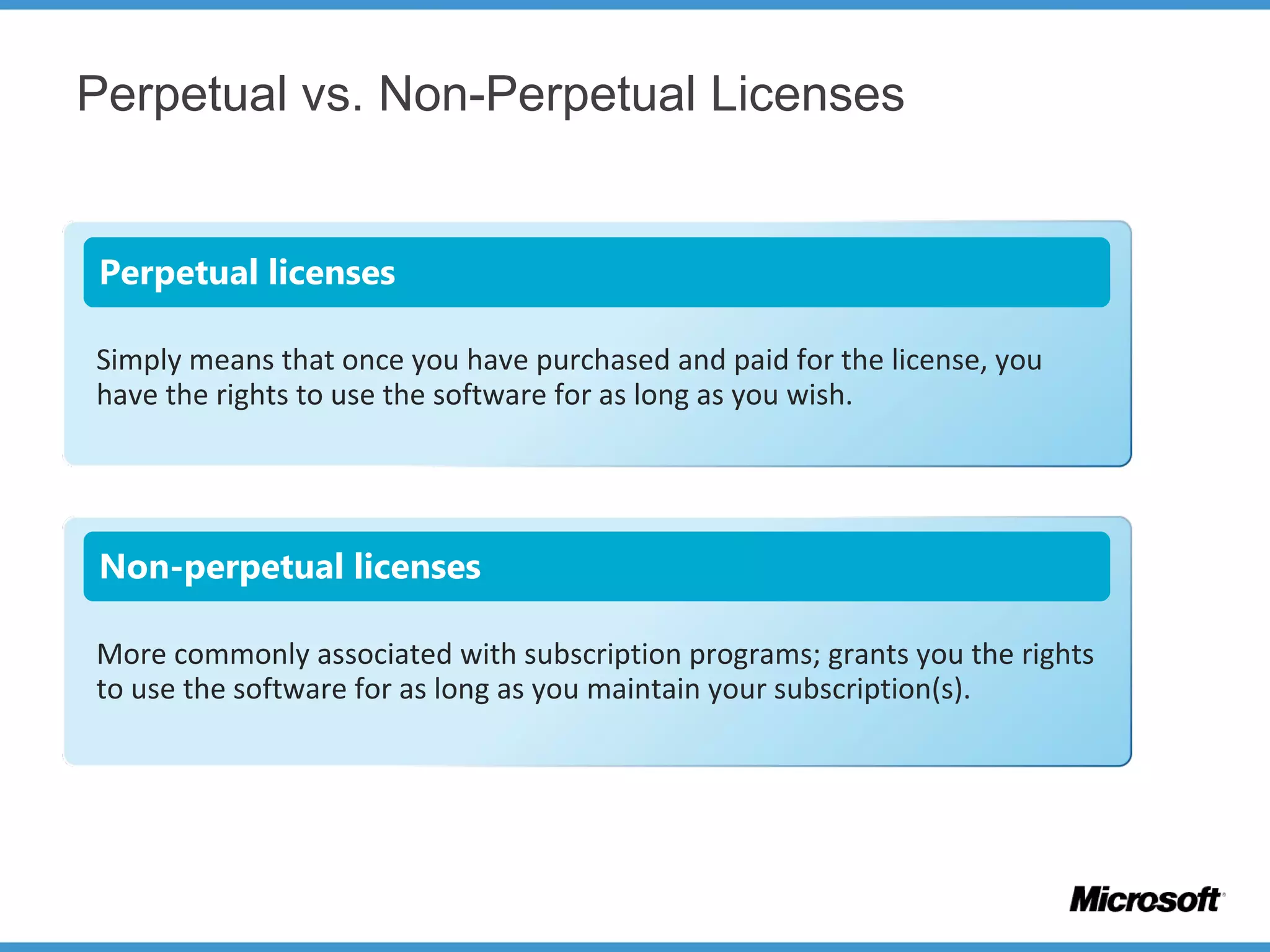 Perpetual vs. Non-Perpetual Licenses
Perpetual licenses
Simply means that once you have purchased and paid for the license, you
have the rights to use the software for as long as you wish.
Non-perpetual licenses
More commonly associated with subscription programs; grants you the rights
to use the software for as long as you maintain your subscription(s).
 