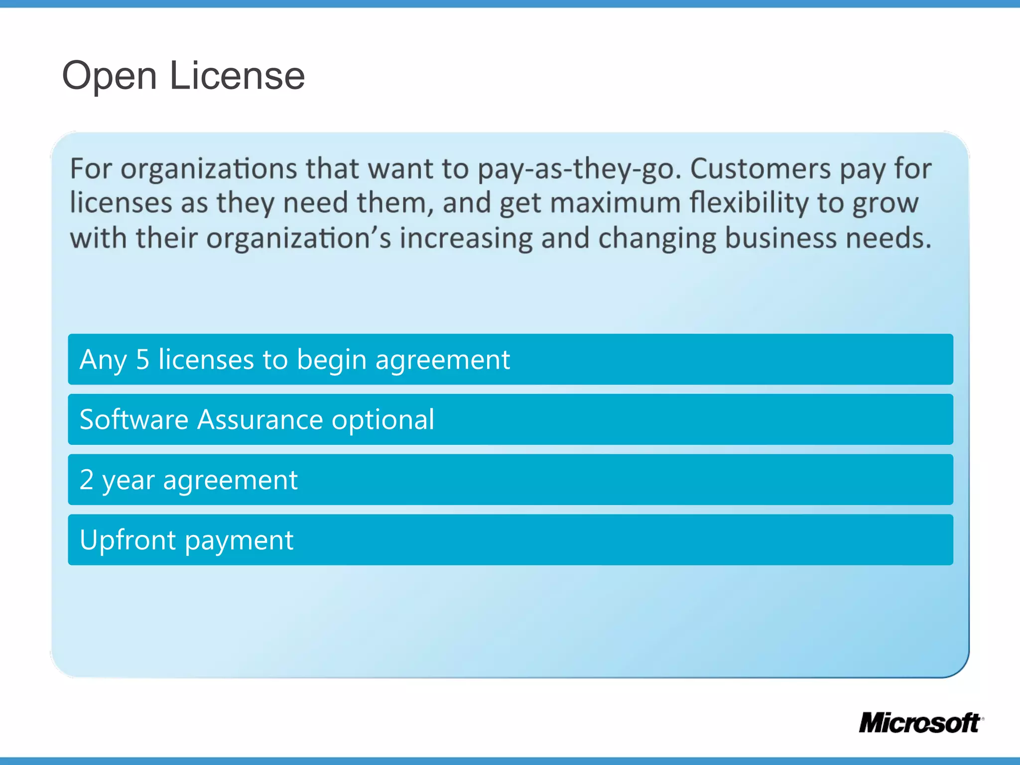 Open License
Any 5 licenses to begin agreement
Software Assurance optional
2 year agreement
Upfront payment
 