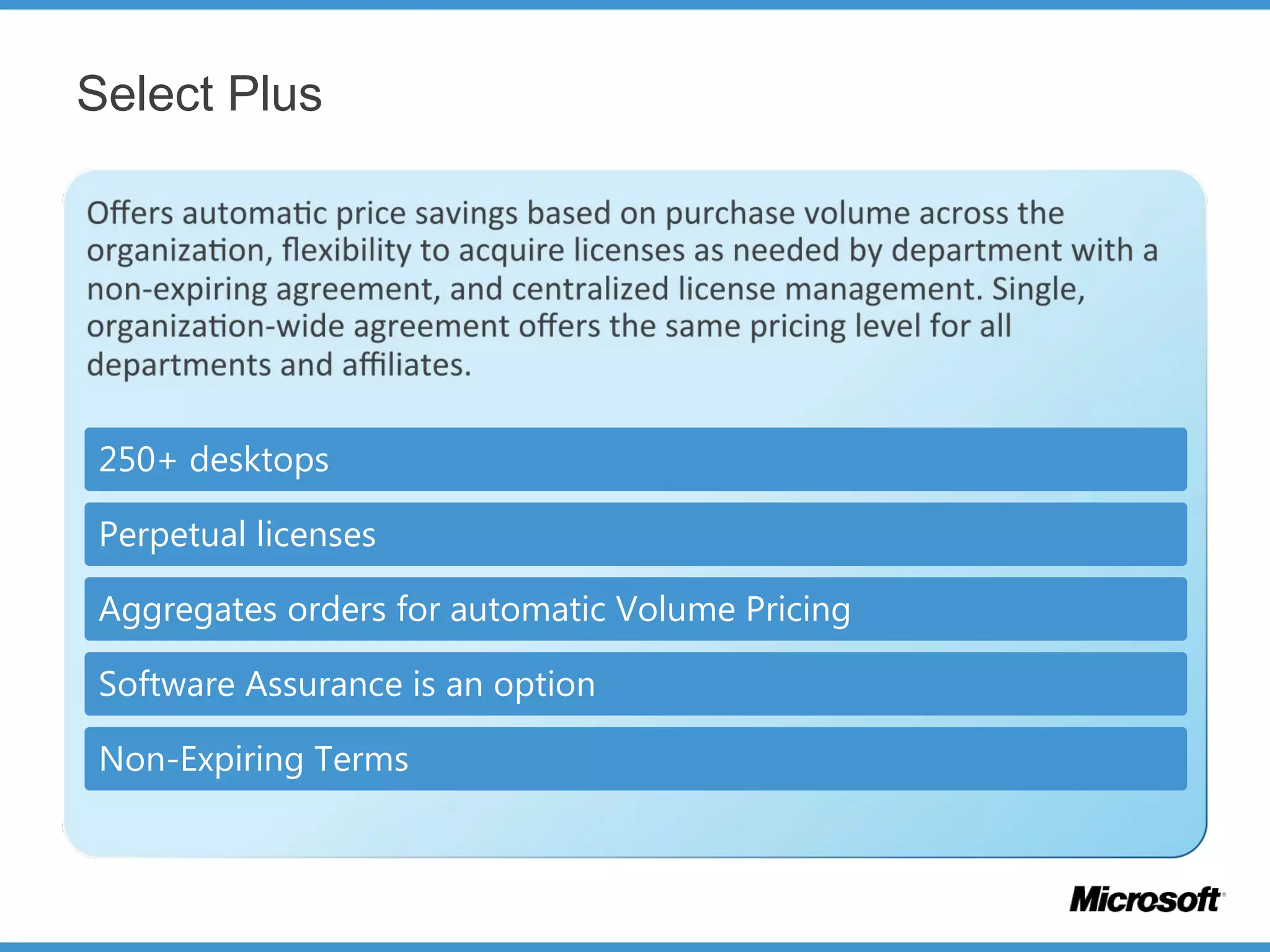 Select Plus
250+ desktops
Perpetual licenses
Aggregates orders for automatic Volume Pricing
Software Assurance is an option
Non-Expiring Terms
 