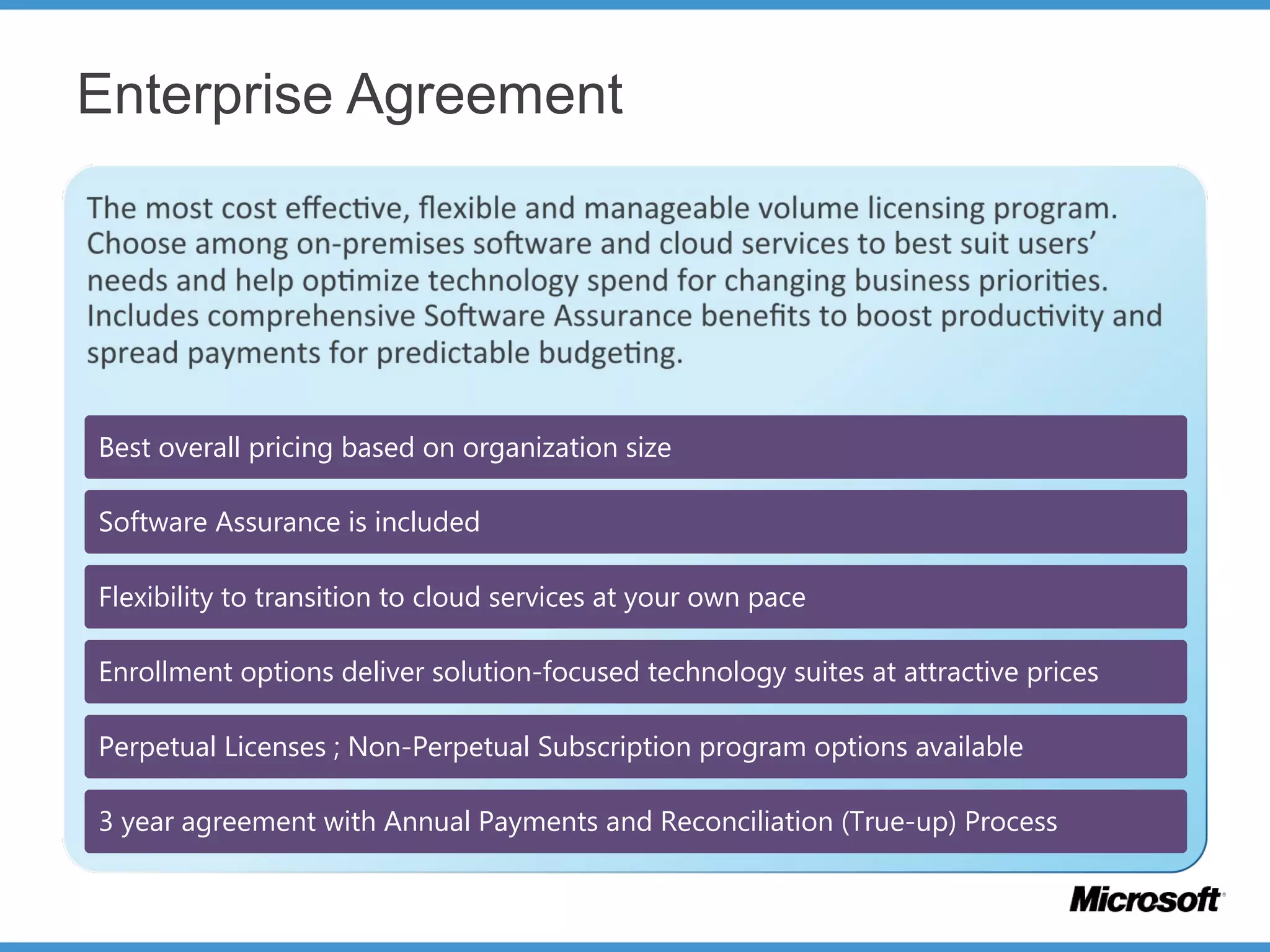 Enterprise Agreement
Best overall pricing based on organization size
Software Assurance is included
Flexibility to transition to cloud services at your own pace
Enrollment options deliver solution-focused technology suites at attractive prices
Perpetual Licenses ; Non-Perpetual Subscription program options available
3 year agreement with Annual Payments and Reconciliation (True-up) Process
 