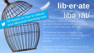 lib·er·ate
ˈlibəˌrāt/

verb: liberate; 3rd person present: liberates;
past tense: liberated; past participle: liberated;
gerund or present participle: liberating

Set (someone) free from a situation, esp.
imprisonment or slavery, in which their liberty is
severely restricted. "the serfs had been
liberated“

synonyms: set free, free, release, let out, let go,
set/let loose, save, rescue;
©2011 IBM Corporation

 