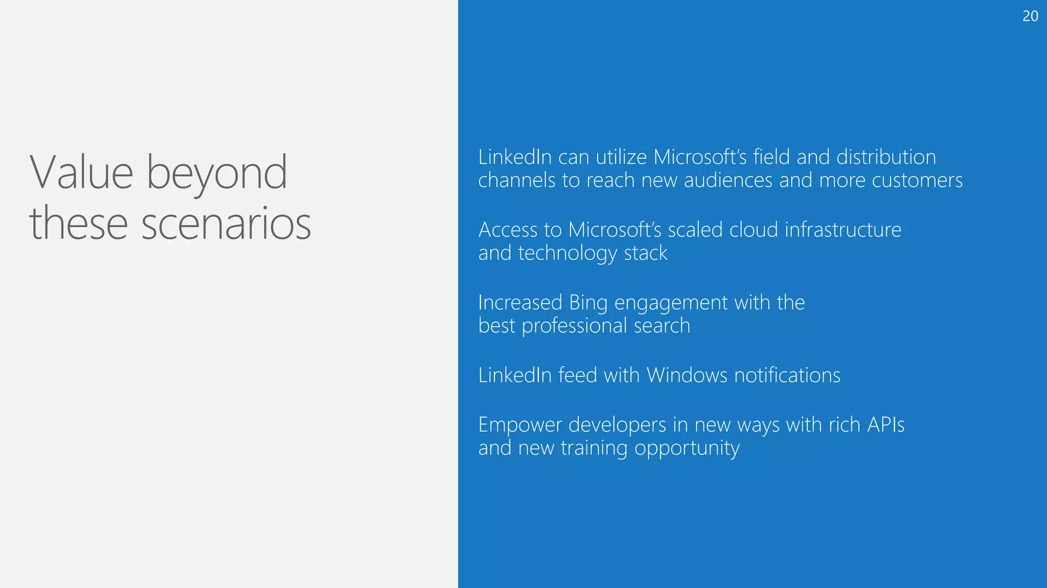 Access to Microsoft’s scaled cloud infrastructure
and technology stack
LinkedIn can utilize Microsoft’s field and distribution
channels to reach new audiences and more customers
Increased Bing engagement with the
best professional search
Empower developers in new ways with rich APIs
and new training opportunity
LinkedIn feed with Windows notifications
20
 