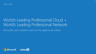 World’s Leading Professional Cloud +
World’s Leading Professional Network
Microsoft’s and LinkedIn’s vision for the opportunity ahead
June 13, 2016
 