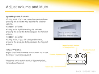 Adjust Volume and Mute
Speakerphone Volume:
•During a call, if you are using the speakerphone,
pressing the Volume key adjusts the speaker
volume.
Handset Volume:
•During a call if you are using the handset,
pressing the Volume button adjusts the handset
volume.
Headset Volume:
•During a call, if you are using the headset,
pressing the Volume button adjusts the headset
volume.
Ringer Volume:
•If you press the Volume button when not in call,
the ringer volume is adjusted.
Press the Mute button to mute speakerphone,
handset and headset.
Mute Handset, Headset
or Speakerphone.
Enables Speakerphone.
Volume bar.
BACK TO OBJECTIVES
Enables Headset.
 