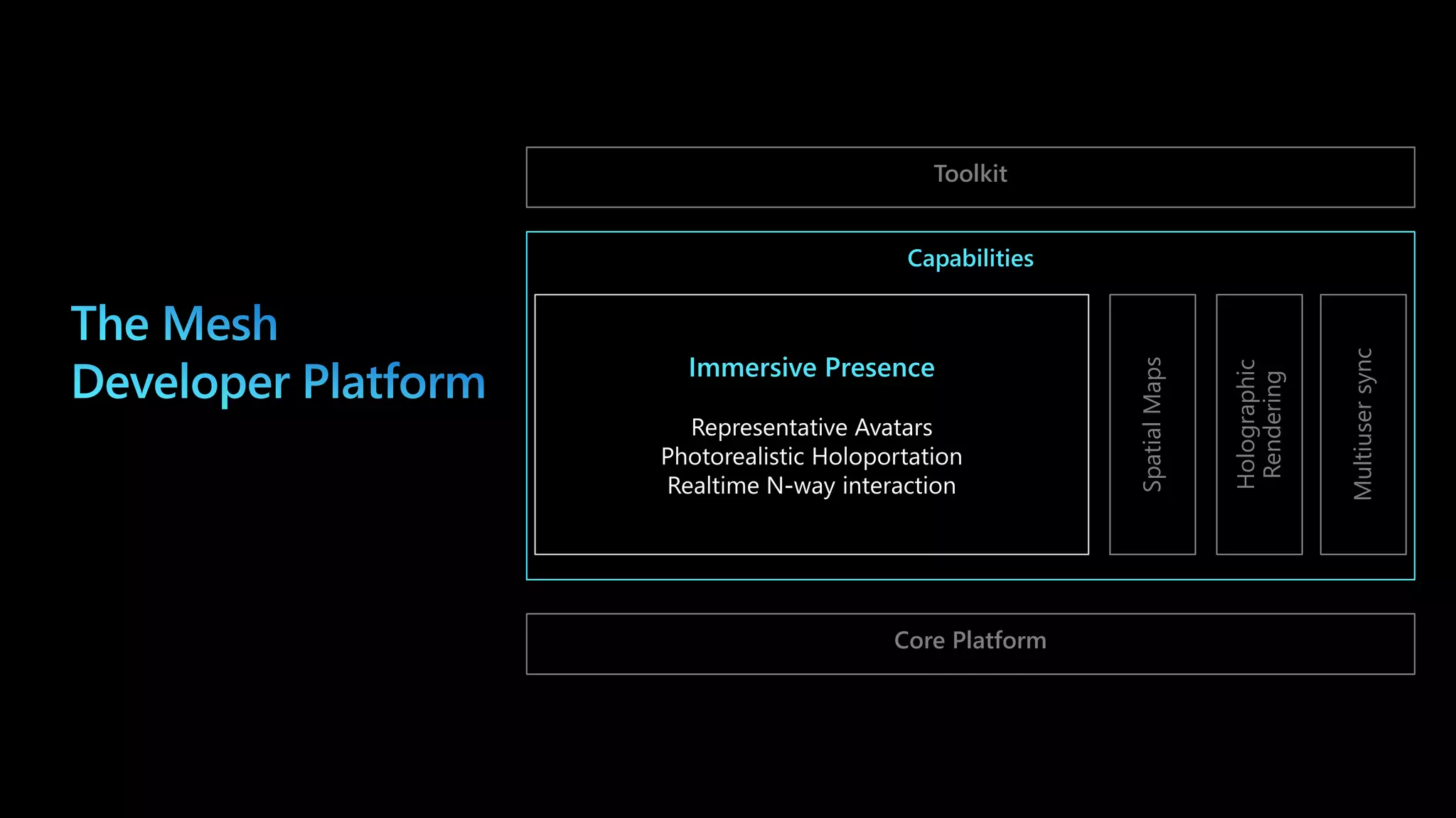 Core Platform
Toolkit
Spatial
Maps
Holographic
Rendering
Multiuser
sync
 
